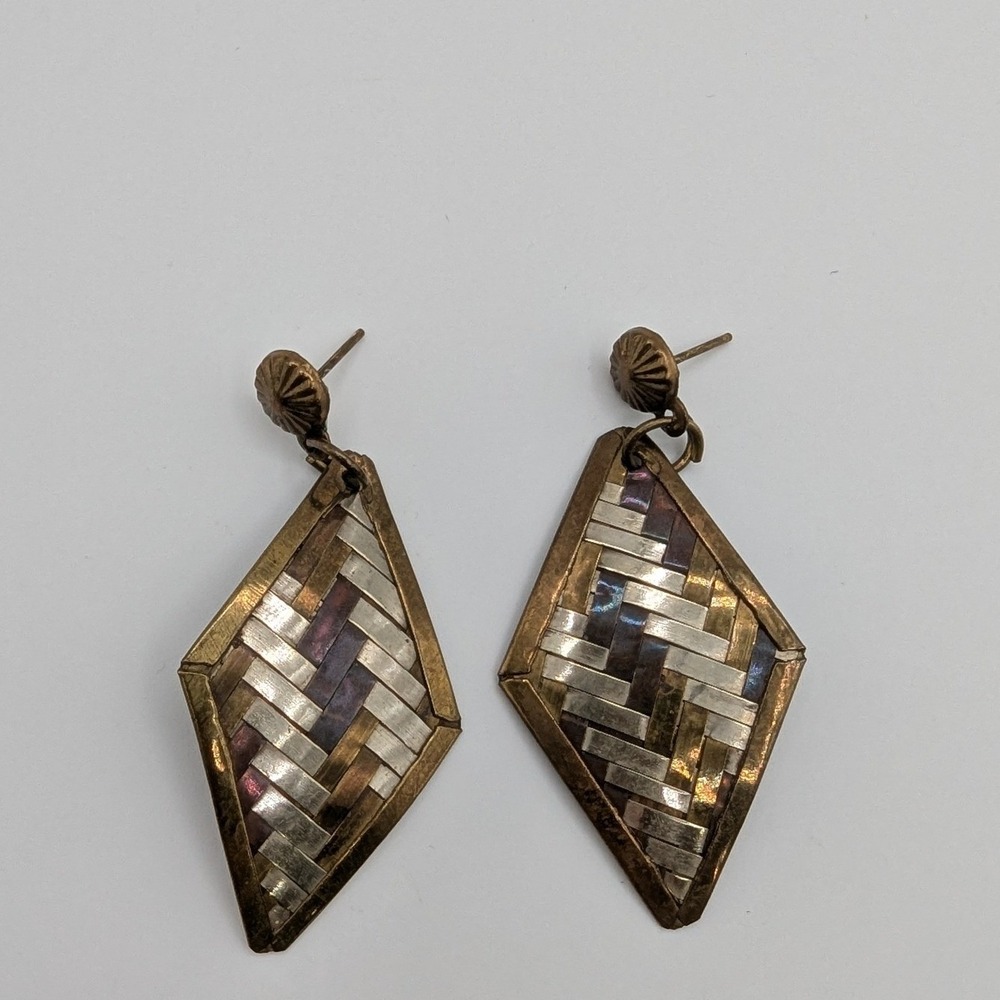 Vintage Mixed Metal Woven Diamond‎ Drop Earrings Copper Brass Silver Tone Boho